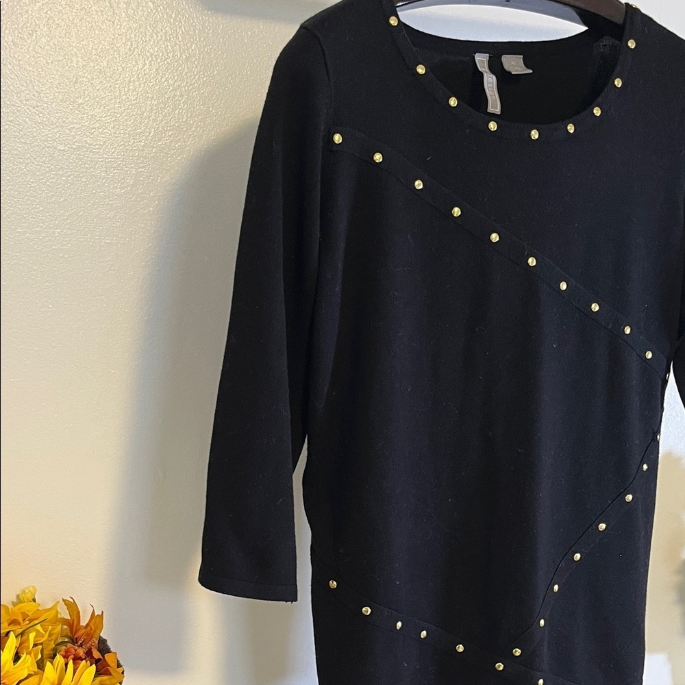 By Design Black Sweater Top Petite Large Gold Studded Embellished 3/4 Sleeve - Picture 3 of 5